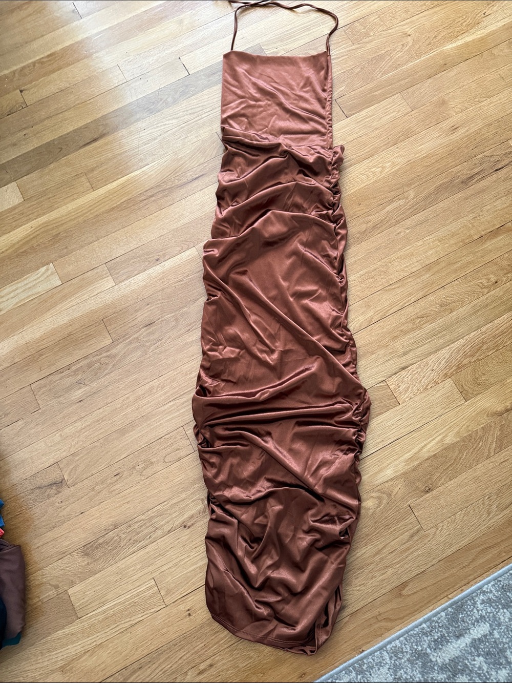 Rust Satin Ruched Halter Dress